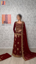 Bridal lehenga hand work BL024 full view – red bareeze net with nakshi stone pearl kora embroidery Pakistani wedding lehenga

