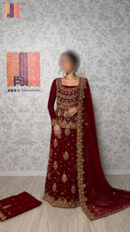 Bridal lehenga hand work BL024 full view – red bareeze net with nakshi stone pearl kora embroidery Pakistani wedding lehenga
