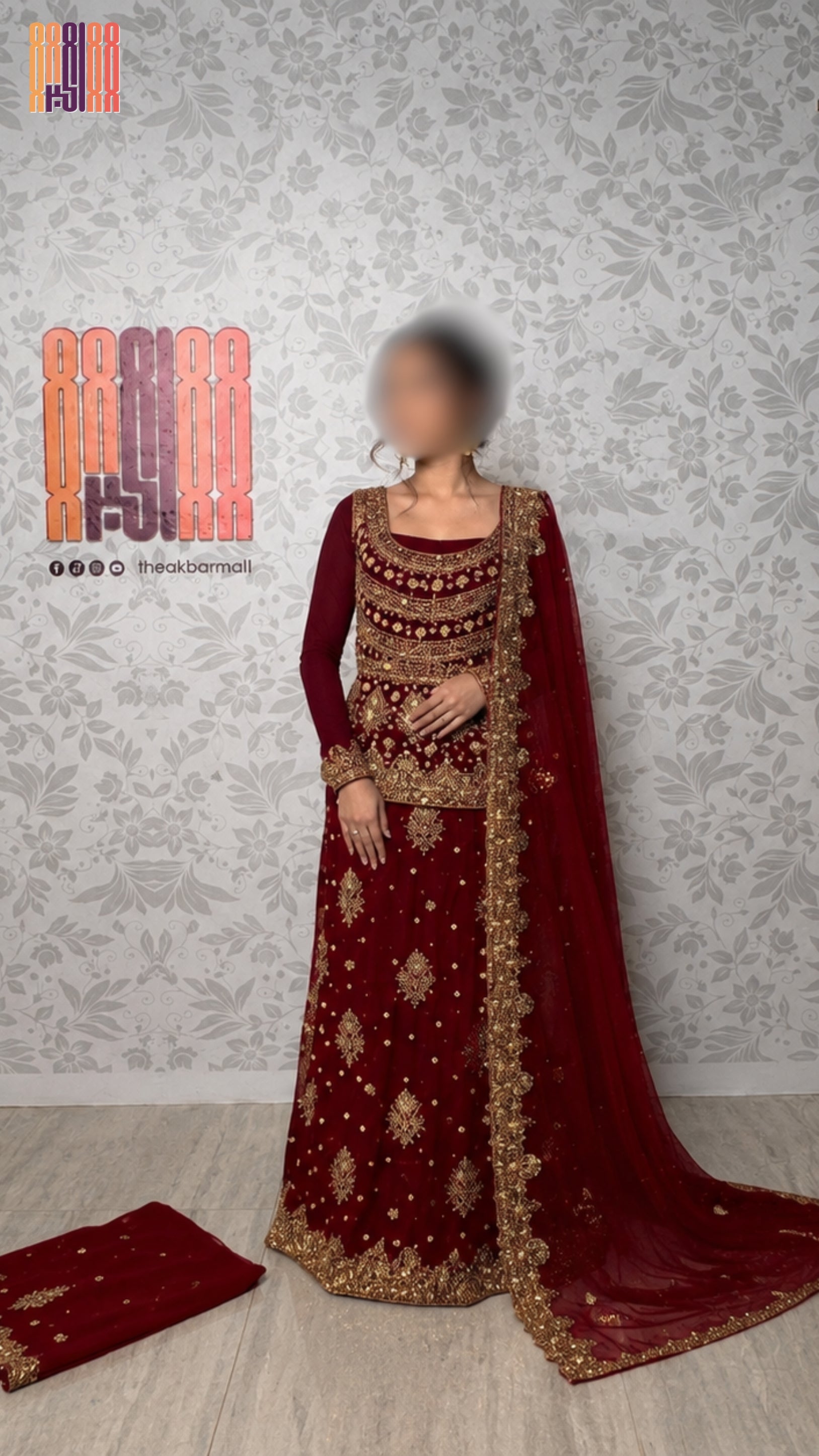 Bridal lehenga hand work BL024 full view – red bareeze net with nakshi stone pearl kora embroidery Pakistani wedding lehenga
