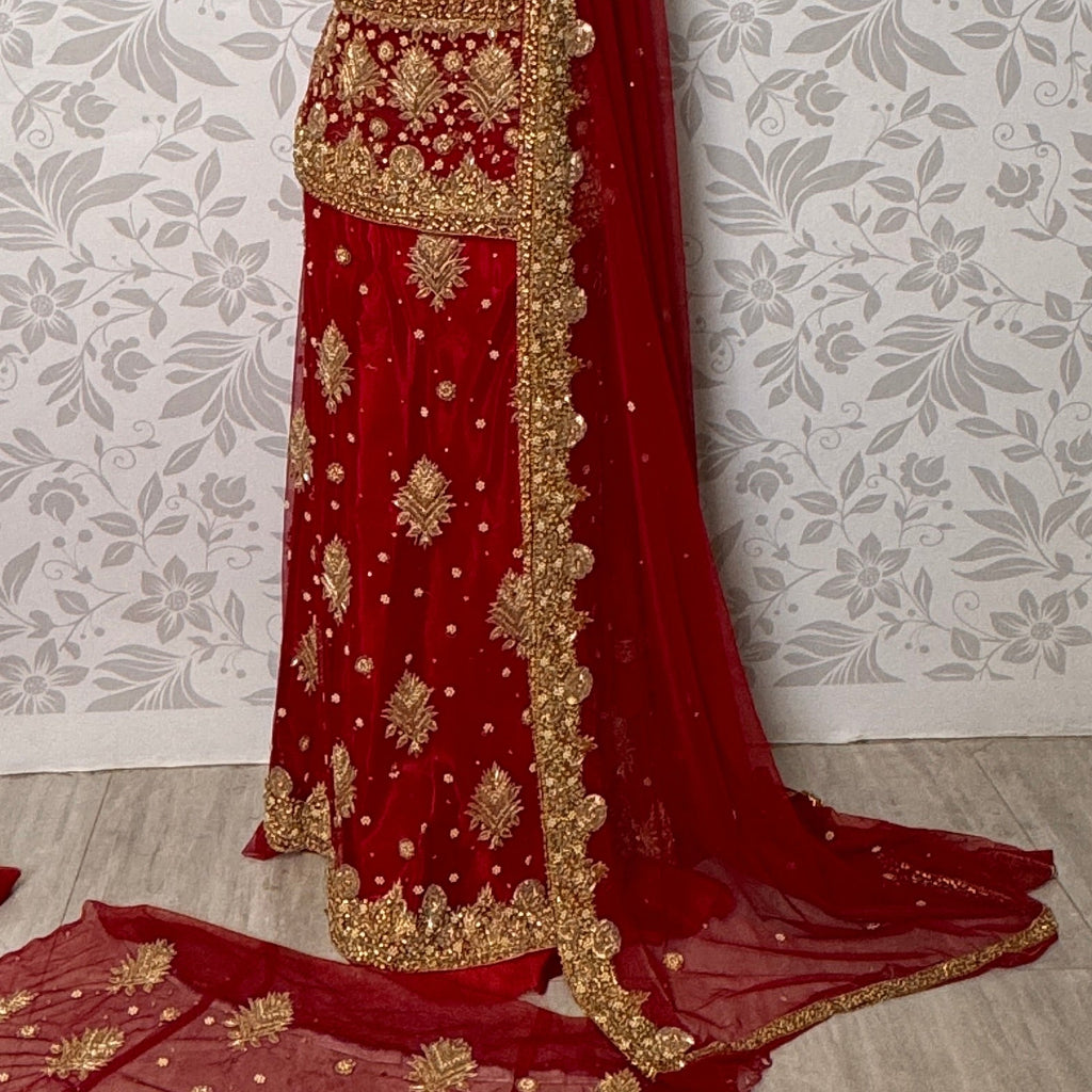 Wedding lehenga hand work BL024 lehenga view – red bareeze net with nakshi stone pearl and kora embroidery full skirt Pakistan
