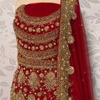 Bridal lehenga Pakistani BL024 shirt close up – nakshi stone pearl kora hand work detail on red bareeze net fabric
