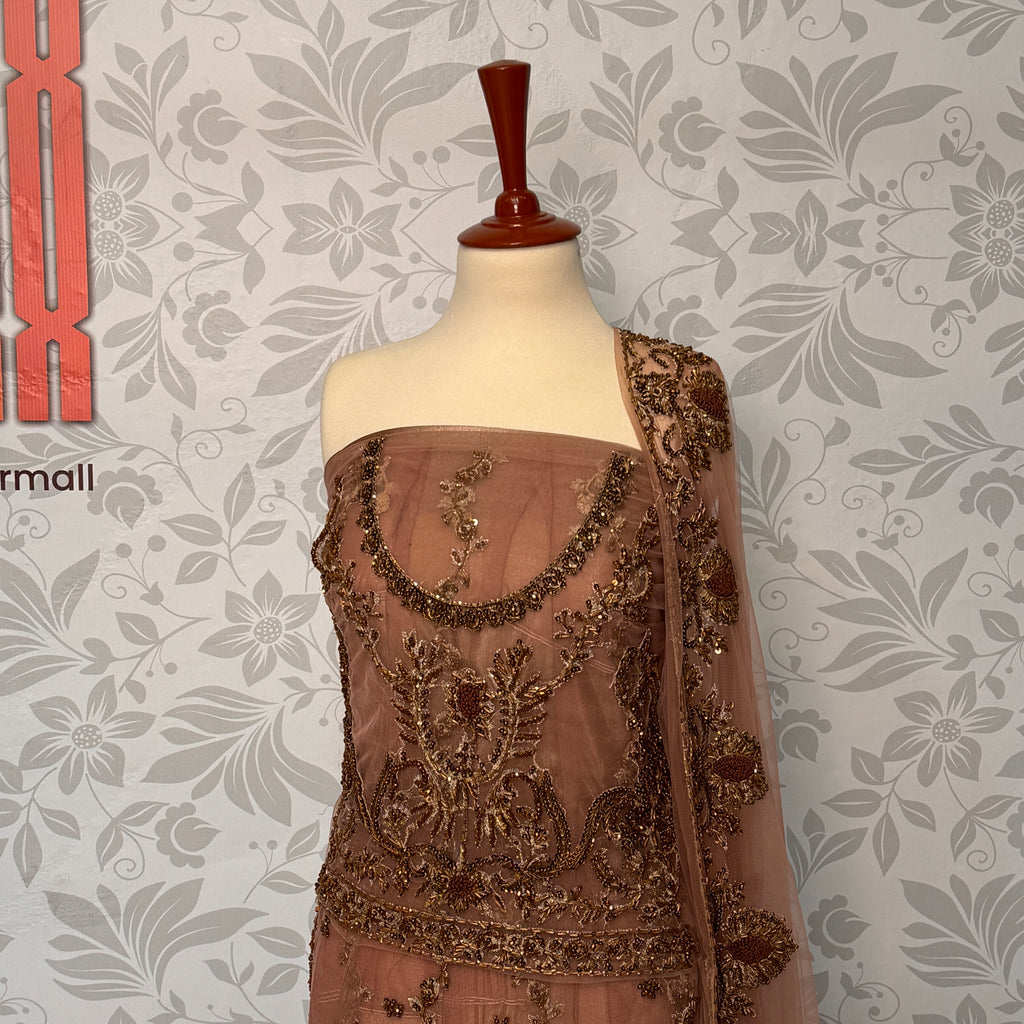 Bridal maxi for walima BM012 maxi upper view – dark tea pink net with dabka and jewelry hand work bridal Pakistan
