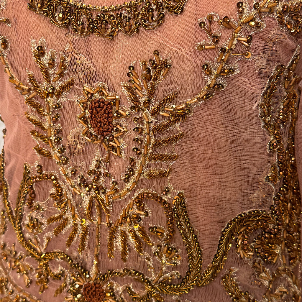 Bridal maxi for barat BM012 maxi upper close up – dabka jewelry hand work detail on dark tea pink net fabric
