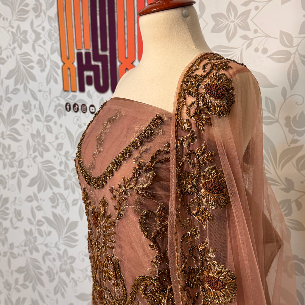 Bridal maxi for walima BM012 maxi upper view – dark tea pink net with dabka and jewelry hand work bridal Pakistan
