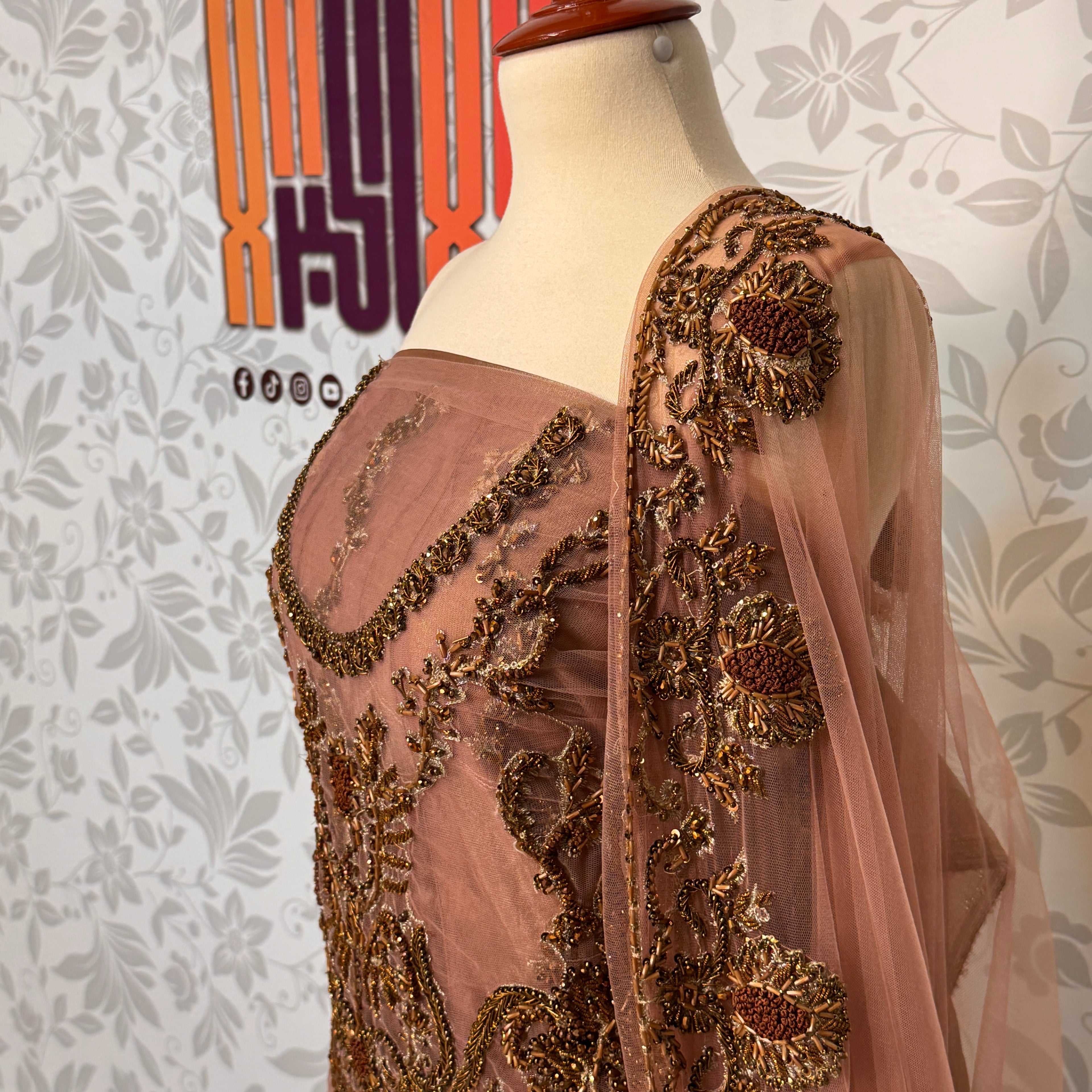 Bridal maxi for walima BM012 maxi upper view – dark tea pink net with dabka and jewelry hand work bridal Pakistan
