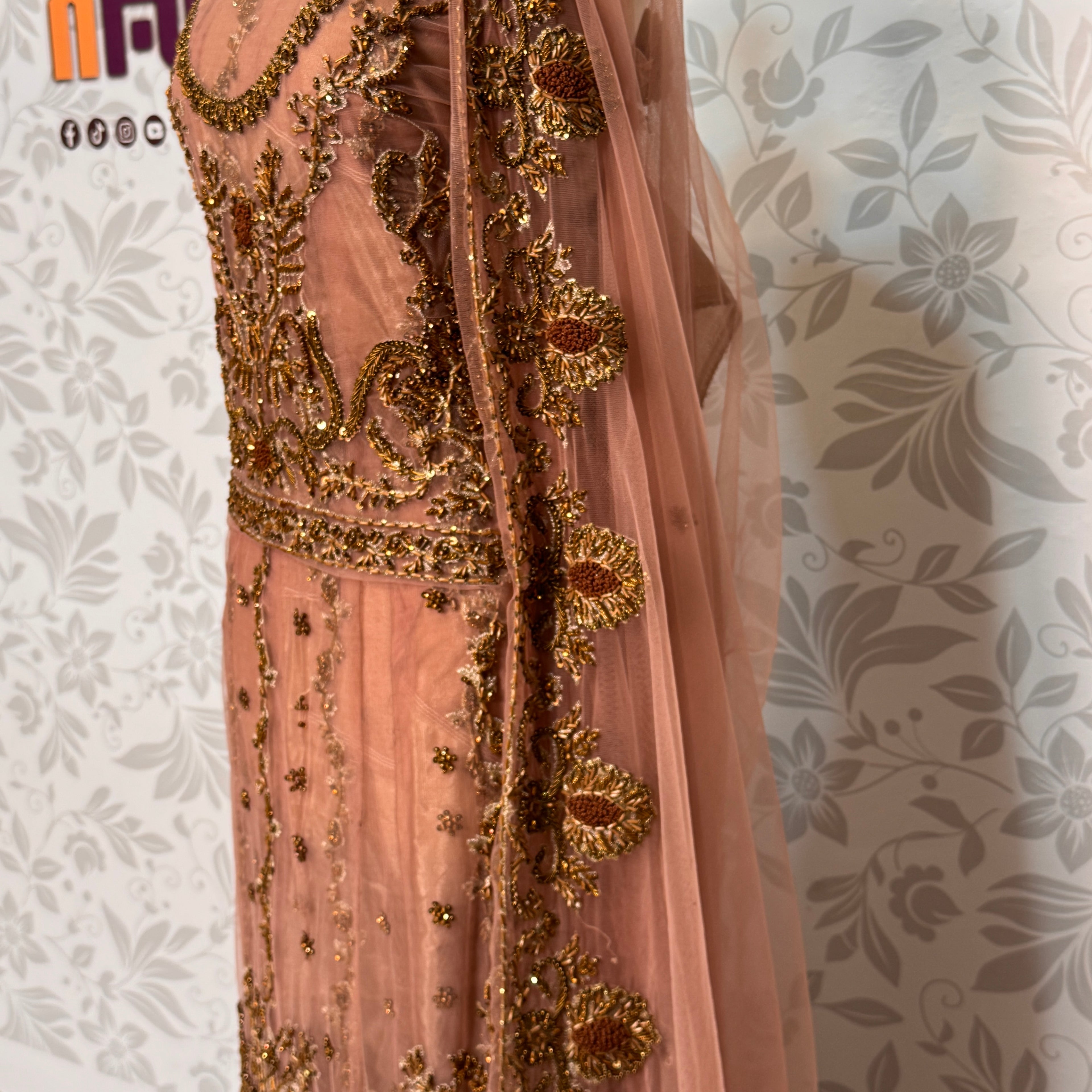 Bridal maxi for nikkah BM012 lehenga view – dark tea pink net with dabka and jewelry embroidery full skirt Pakistan
