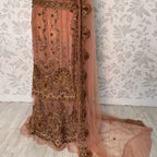 Bridal maxi BM012 lehenga close up – dabka jewelry embroidery detail on dark tea pink net Pakistani wedding maxi
