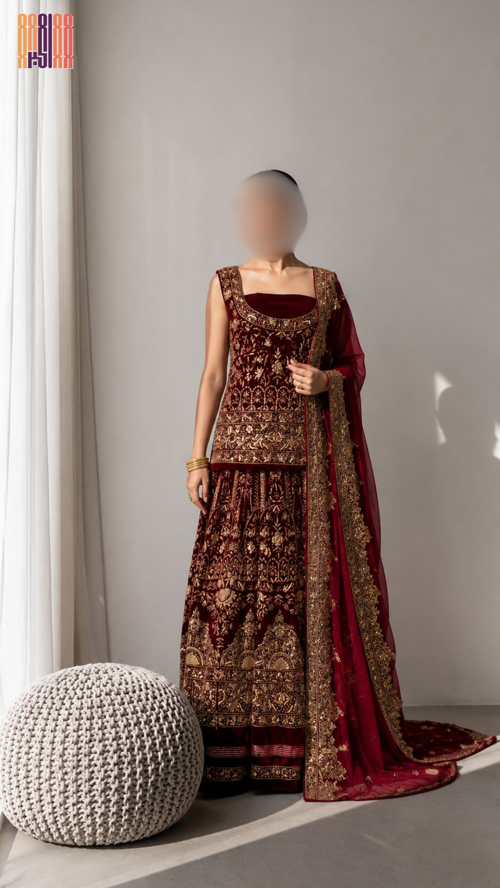 Bridal lehenga hand work BL029 full view – deep anari red velvet with dabka crystal embroidery and net dupatta Pakistani wedding lehenga

