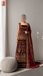 Bridal lehenga hand work BL029 full view – deep anari red velvet with dabka crystal embroidery and net dupatta Pakistani wedding lehenga
