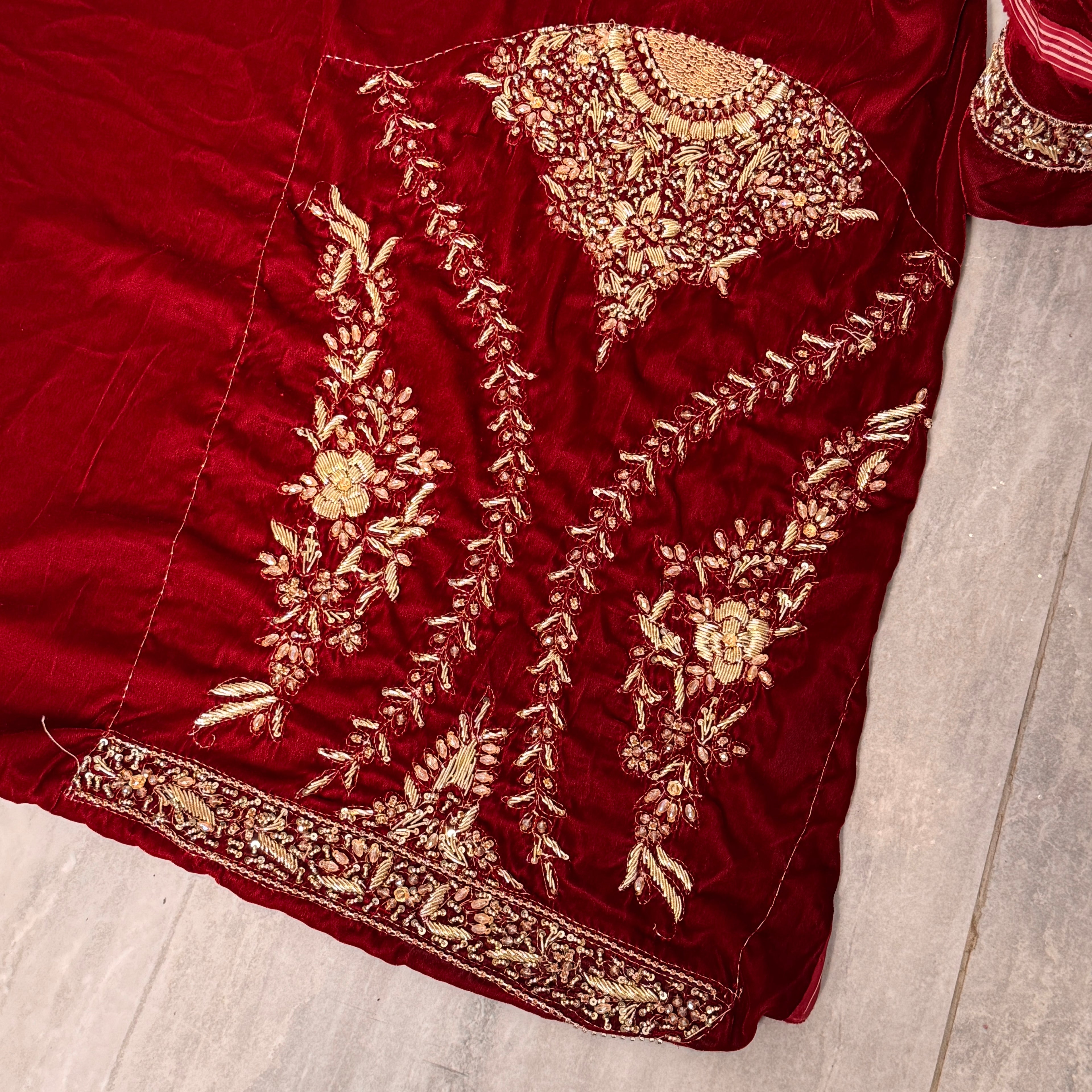 Bridal lehenga hand work BL029 sleeves detail – heavy hand work on deep anari red velvet bridal lehenga Pakistan
