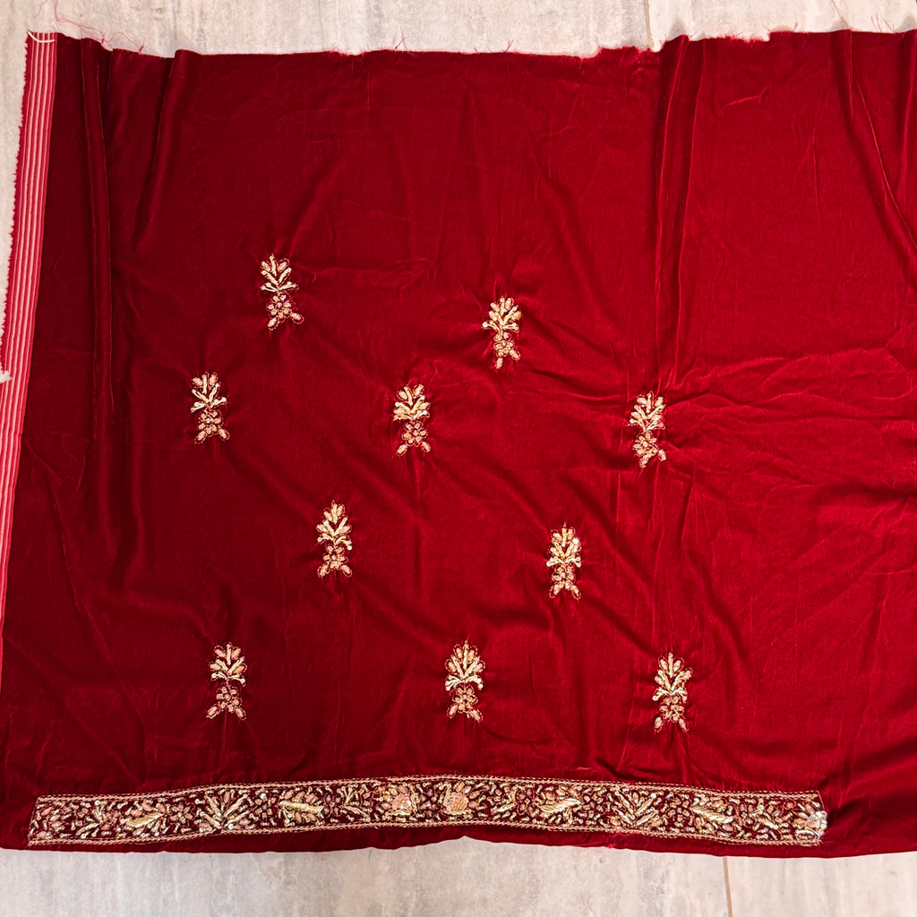 Bridal lehenga hand work BL029 lehenga back view – deep anari red velvet with dabka crystal back work and border Pakistan
