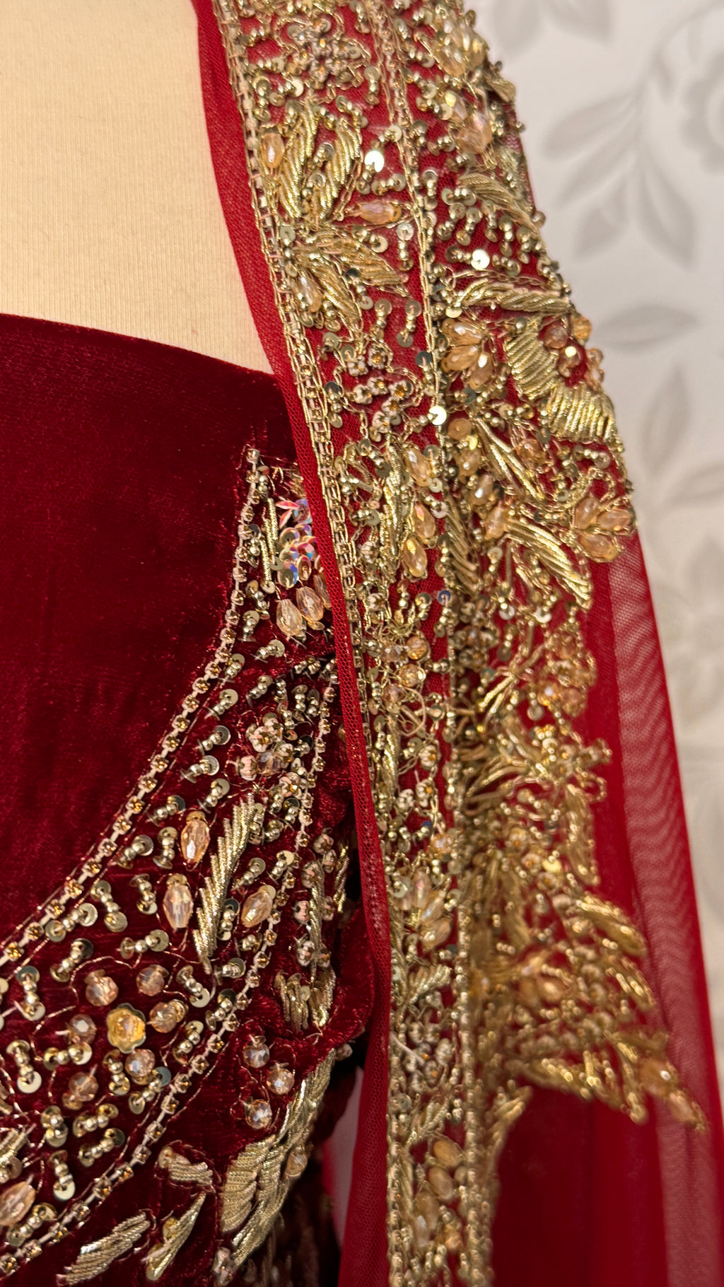 Bridal lehenga online Pakistan BL029 net dupatta – deep anari red with heavy matha patti border and light three-side border wedding lehenga
