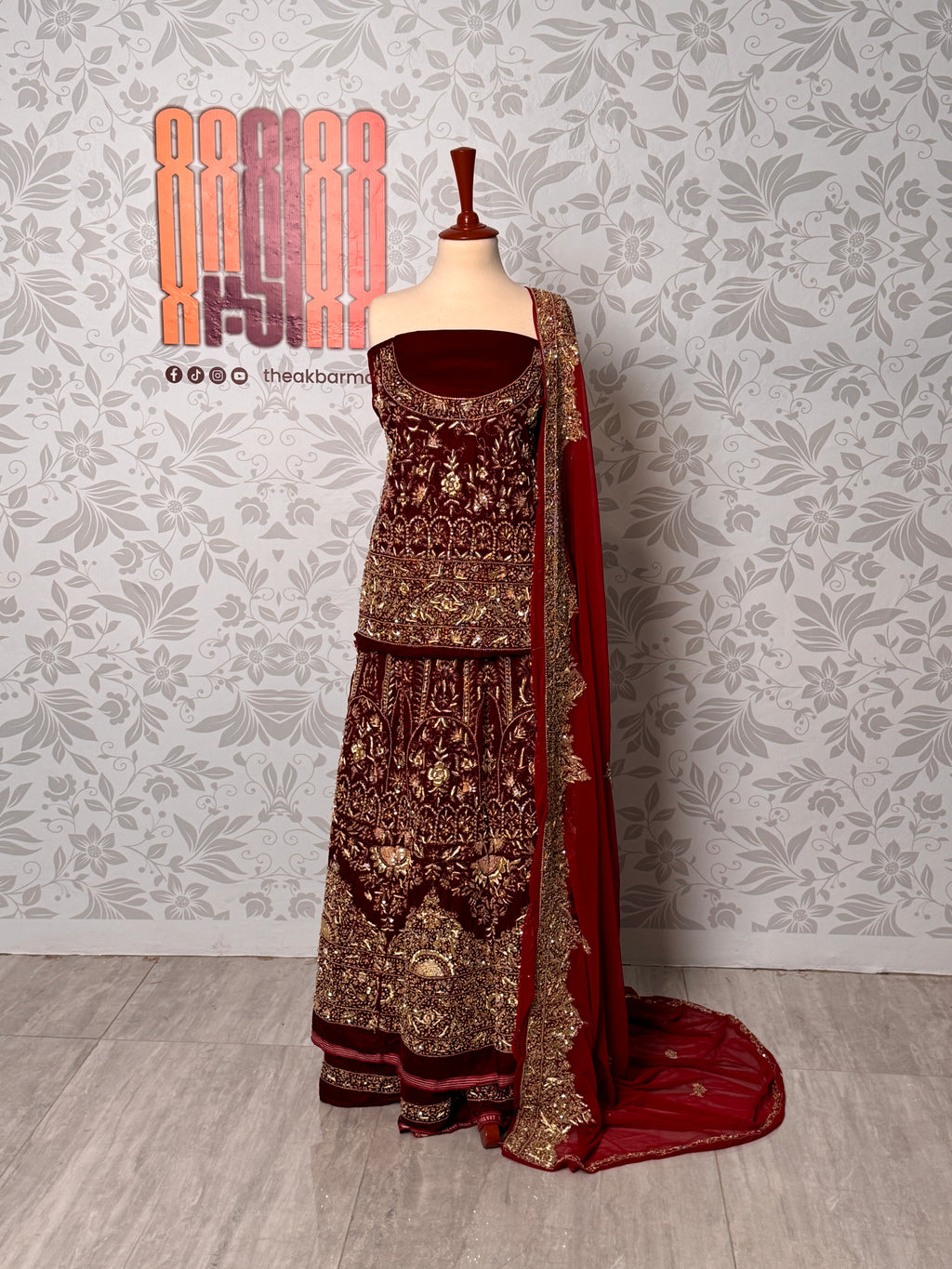 Bridal lehenga hand work BL029 full view – deep anari red velvet with dabka crystal embroidery and net dupatta Pakistani wedding lehenga

