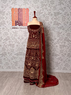 Bridal lehenga hand work BL029 full view – deep anari red velvet with dabka crystal embroidery and net dupatta Pakistani wedding lehenga

