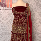 Bridal lehenga hand work shirt view BL029 – deep anari red velvet shirt with dabka and crystal embroidery bridal Pakistan
