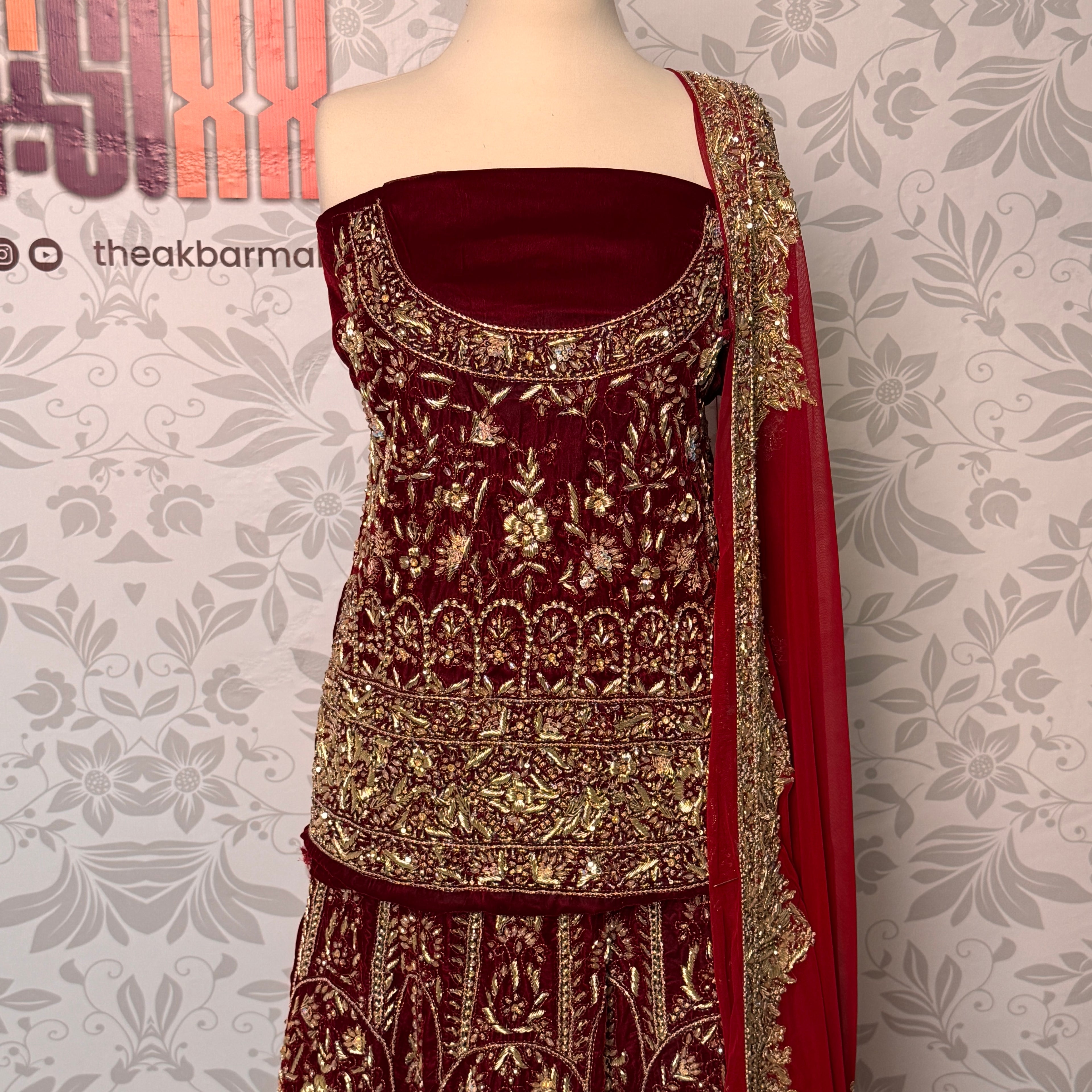 Bridal lehenga hand work shirt view BL029 – deep anari red velvet shirt with dabka and crystal embroidery bridal Pakistan
