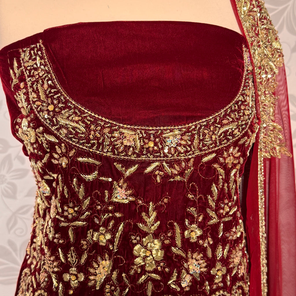 Bridal lehenga Pakistani BL029 shirt close up – dabka crystal hand work detail on deep anari red velvet fabric
