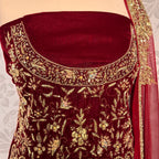 Bridal lehenga Pakistani BL029 shirt close up – dabka crystal hand work detail on deep anari red velvet fabric
