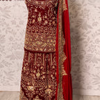 Wedding lehenga hand work BL029 lehenga front view – deep anari red velvet with dabka and crystal embroidery full skirt Pakistan
