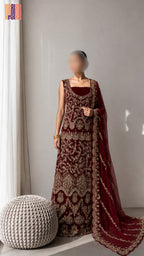 Bridal lehenga hand work BL031 full view – deep anari red velvet with dabka kora jewelry embroidery and net dupatta Pakistani wedding lehenga
