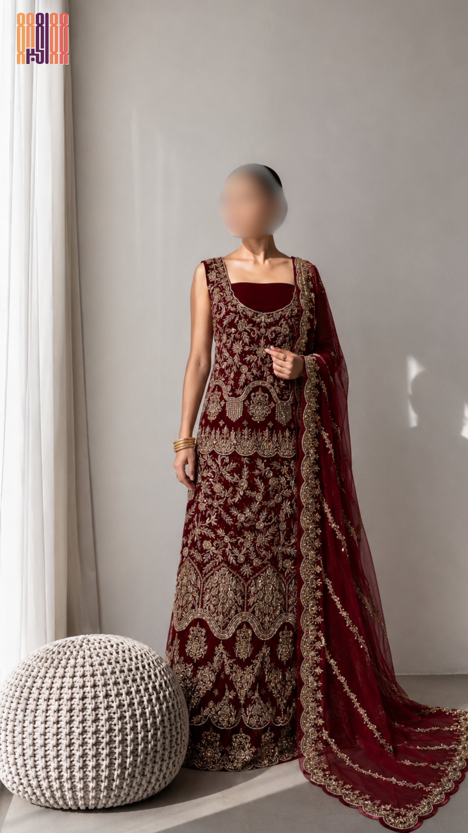 Bridal lehenga hand work BL031 full view – deep anari red velvet with dabka kora jewelry embroidery and net dupatta Pakistani wedding lehenga
