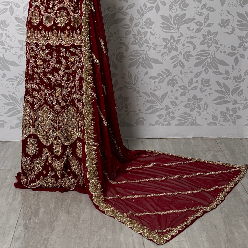 Bridal lehenga online Pakistan BL031 net dupatta – deep anari red with heavy matha patti border and light border bail design wedding lehenga
