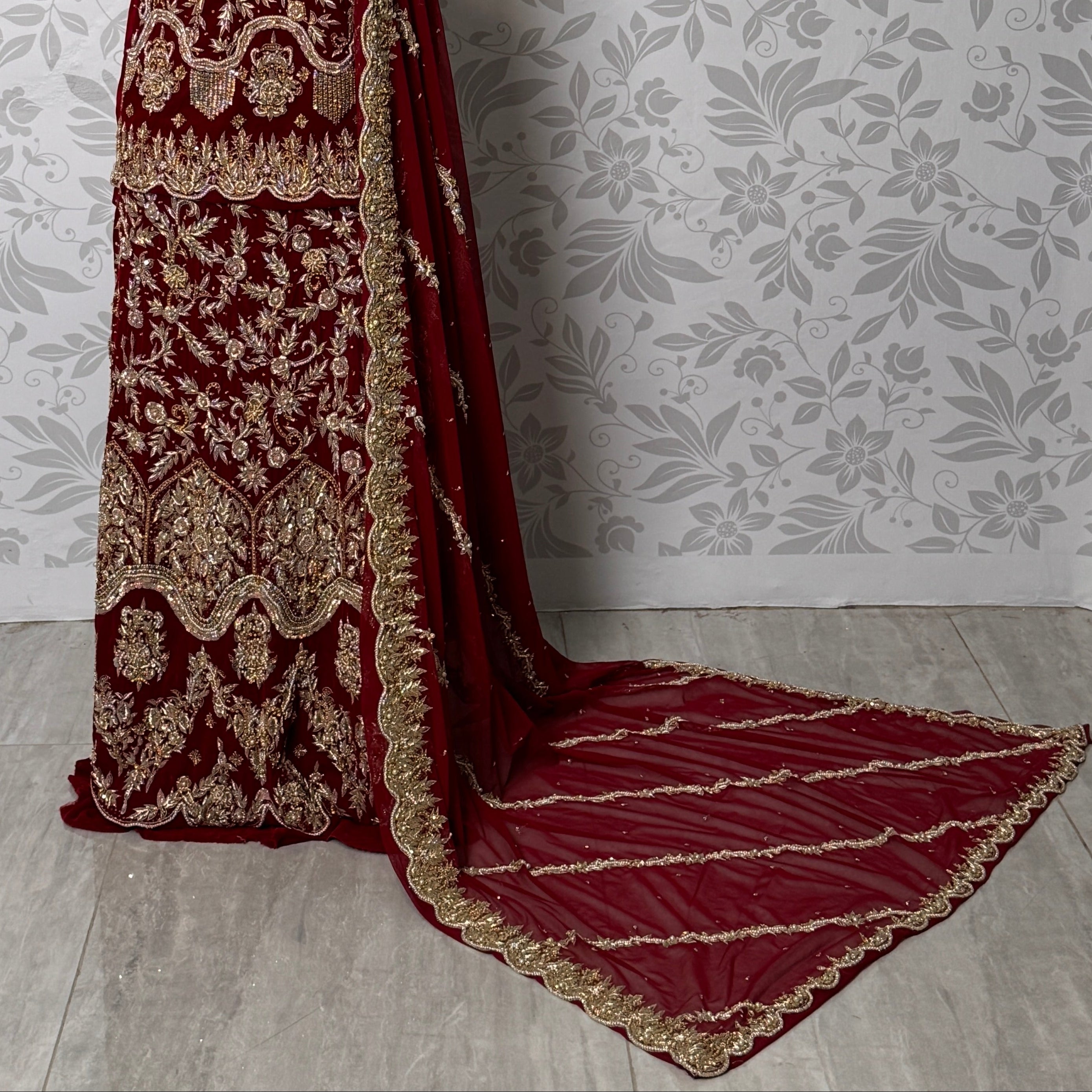 Bridal lehenga online Pakistan BL031 net dupatta – deep anari red with heavy matha patti border and light border bail design wedding lehenga

