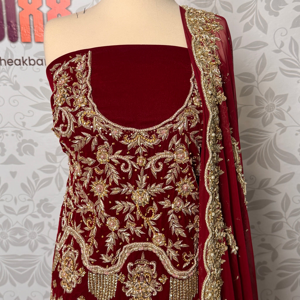 Bridal lehenga hand work shirt view BL031 – deep anari red velvet shirt with dabka kora and jewelry embroidery bridal Pakistan
