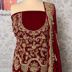 Bridal lehenga hand work shirt view BL031 – deep anari red velvet shirt with dabka kora and jewelry embroidery bridal Pakistan
