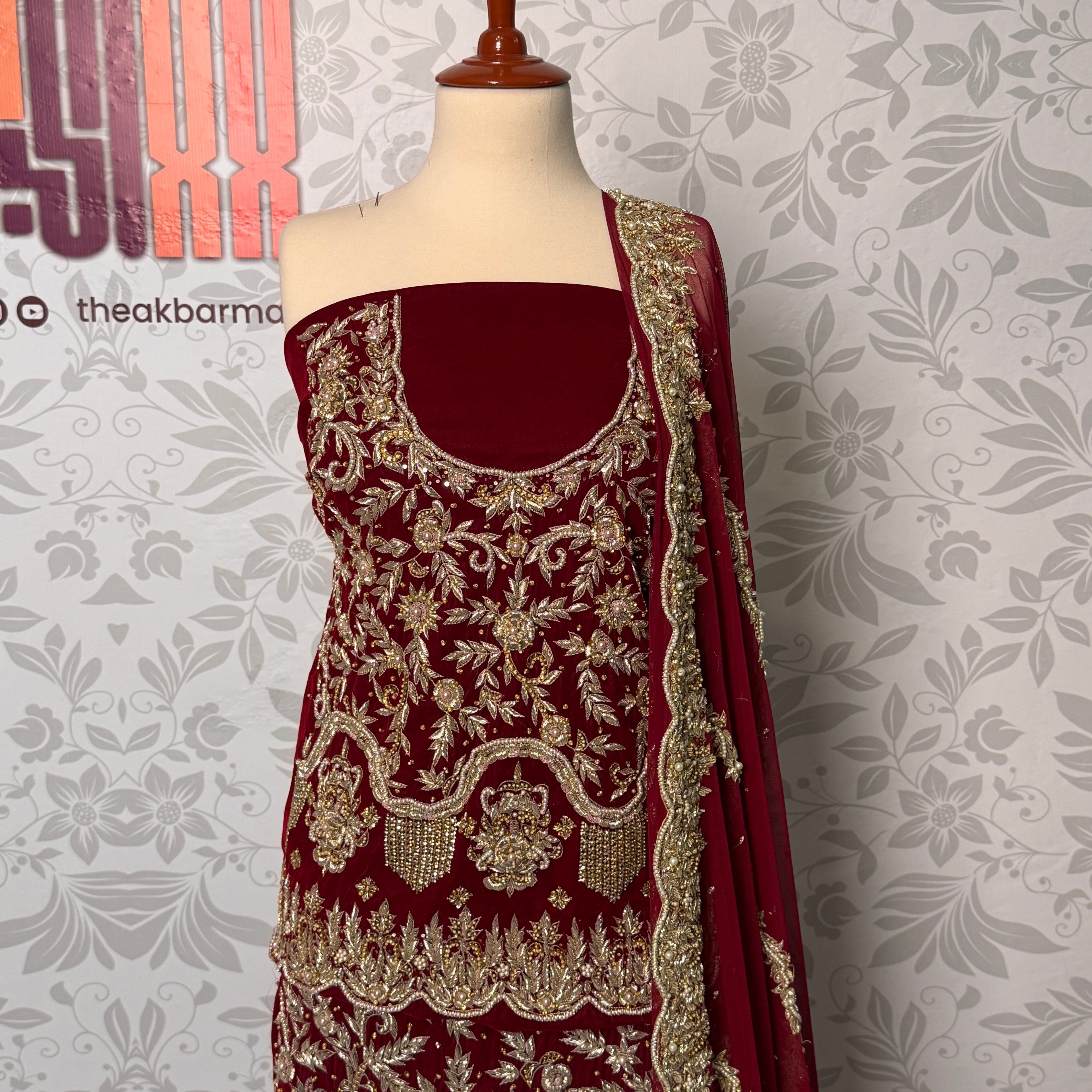 Bridal lehenga hand work shirt view BL031 – deep anari red velvet shirt with dabka kora and jewelry embroidery bridal Pakistan
