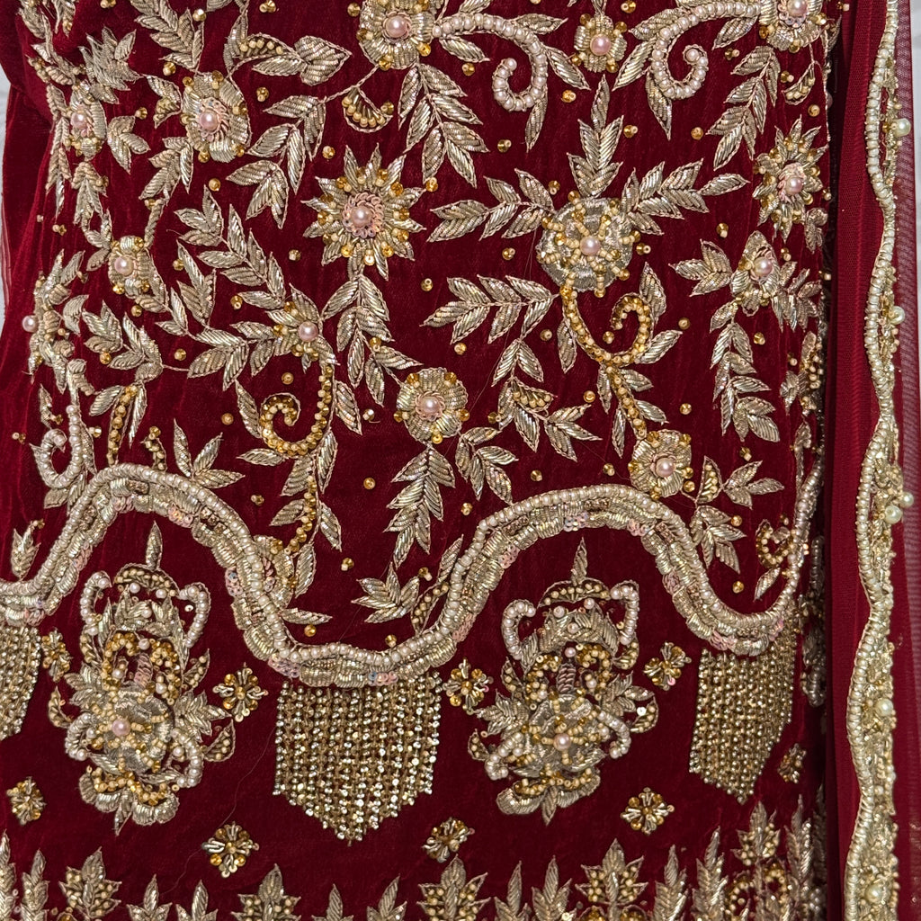 Wedding lehenga hand work BL031 lehenga view – deep anari red velvet with dabka kora and jewelry embroidery full skirt Pakistan
