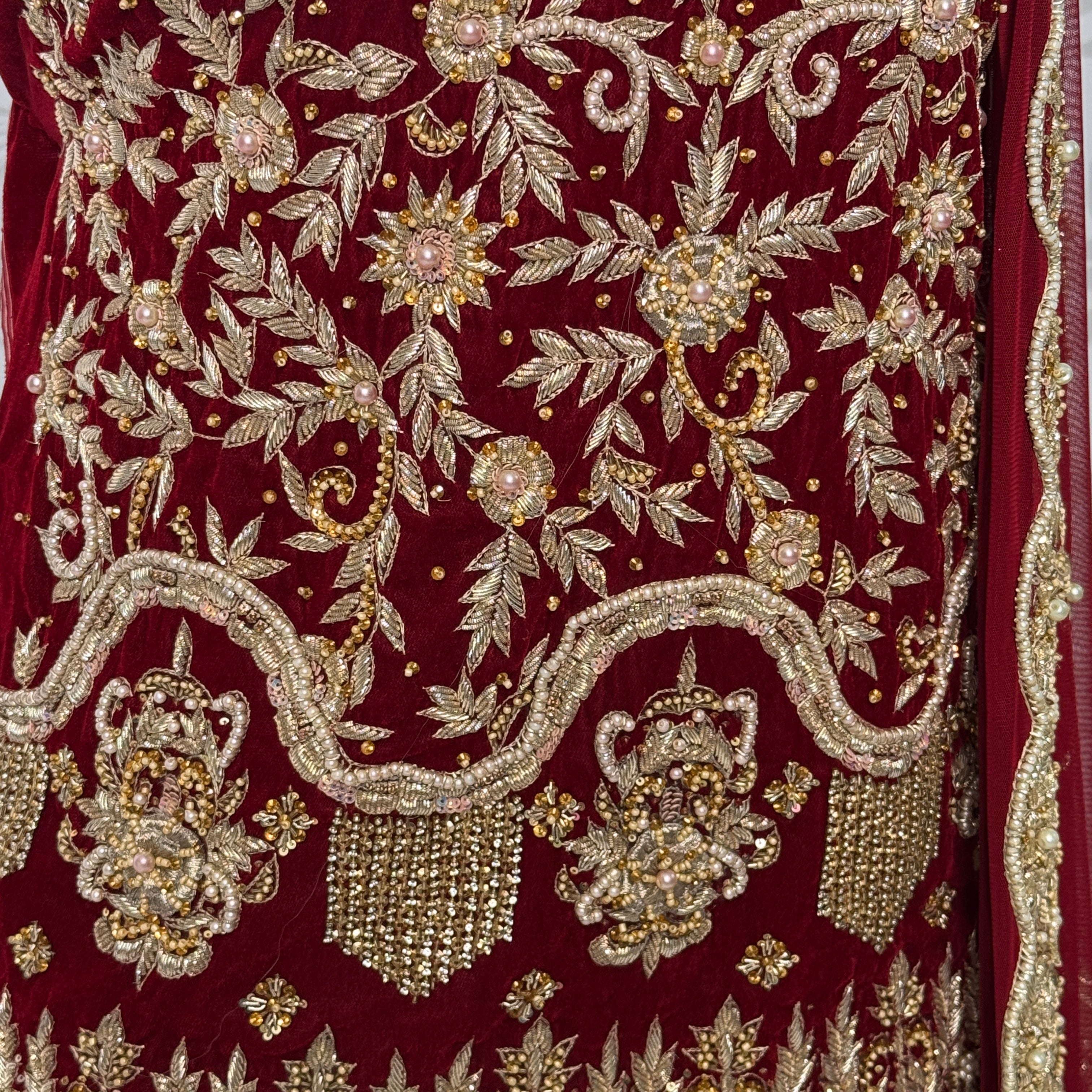 Wedding lehenga hand work BL031 lehenga view – deep anari red velvet with dabka kora and jewelry embroidery full skirt Pakistan

