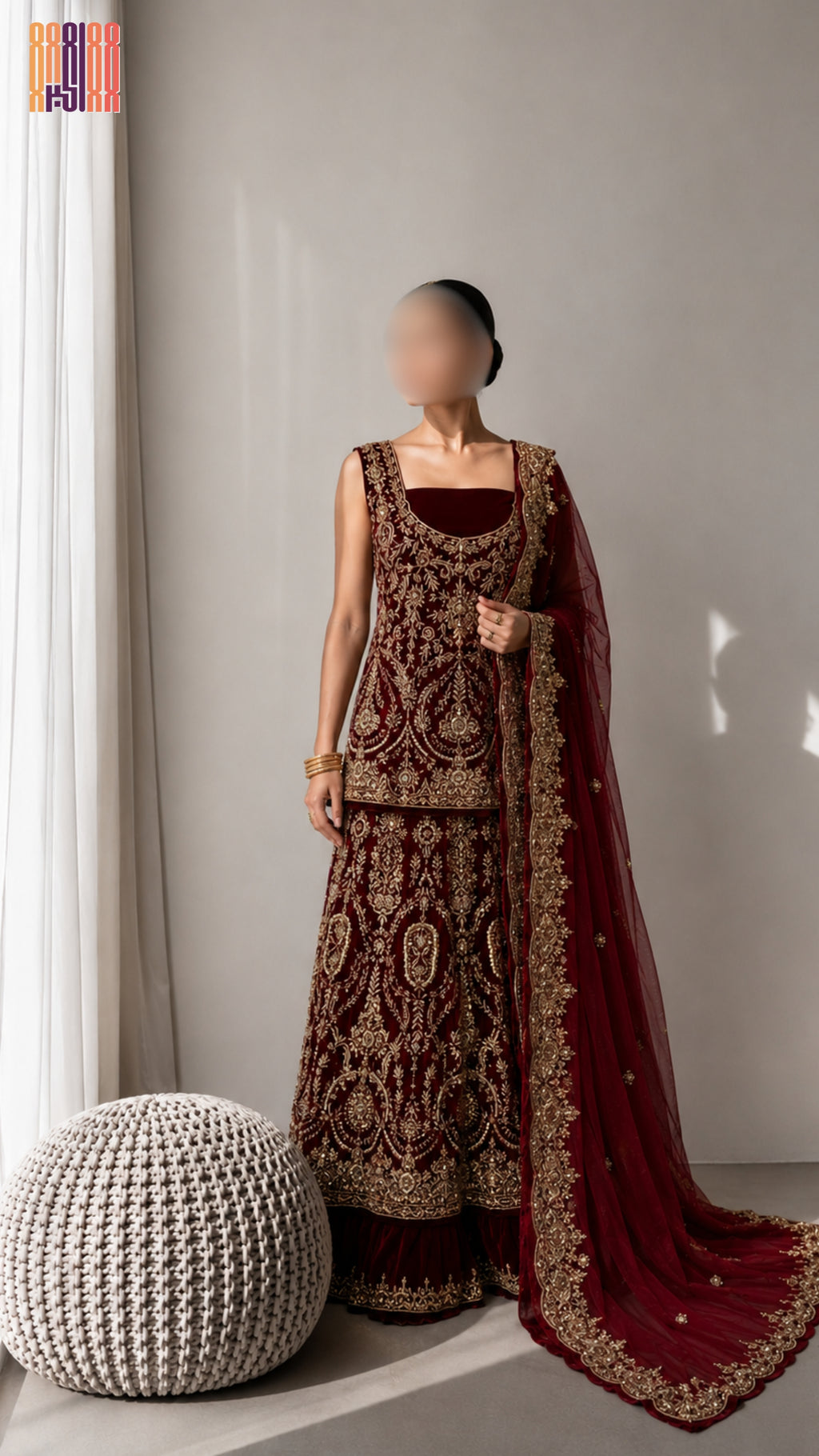 Bridal lehenga hand work BL032 full view – deep anari red velvet with kora jewelry embroidery and net dupatta Pakistani wedding lehenga
