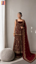Bridal lehenga hand work BL032 full view – deep anari red velvet with kora jewelry embroidery and net dupatta Pakistani wedding lehenga

