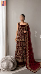 Bridal lehenga hand work BL032 full view – deep anari red velvet with kora jewelry embroidery and net dupatta Pakistani wedding lehenga
