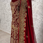 Wedding lehenga hand work BL032 lehenga front view – deep anari red velvet with kora and jewelry embroidery full skirt Pakistan
