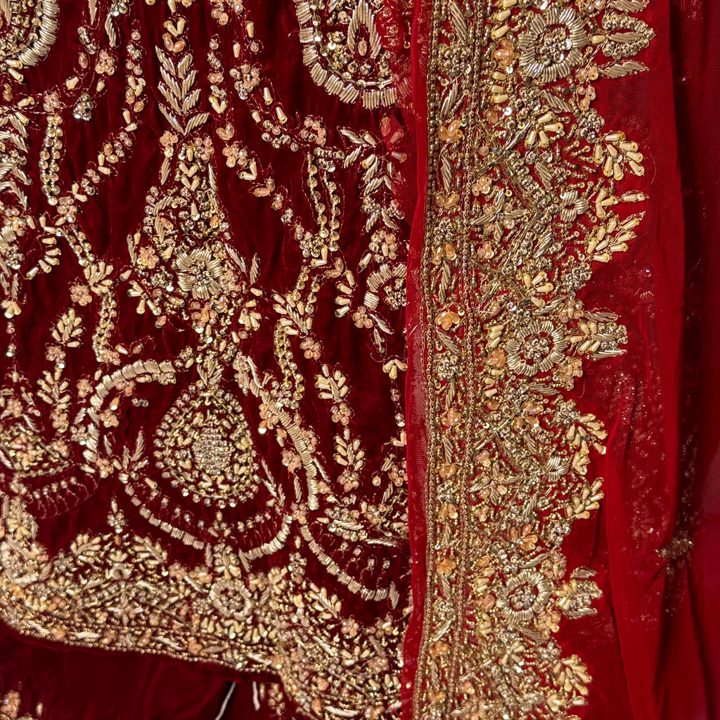 Bridal lehenga hand work BL032 lehenga back view – deep anari red velvet with kora jewelry back work and border Pakistan

