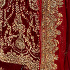 Bridal lehenga hand work BL032 lehenga back view – deep anari red velvet with kora jewelry back work and border Pakistan
