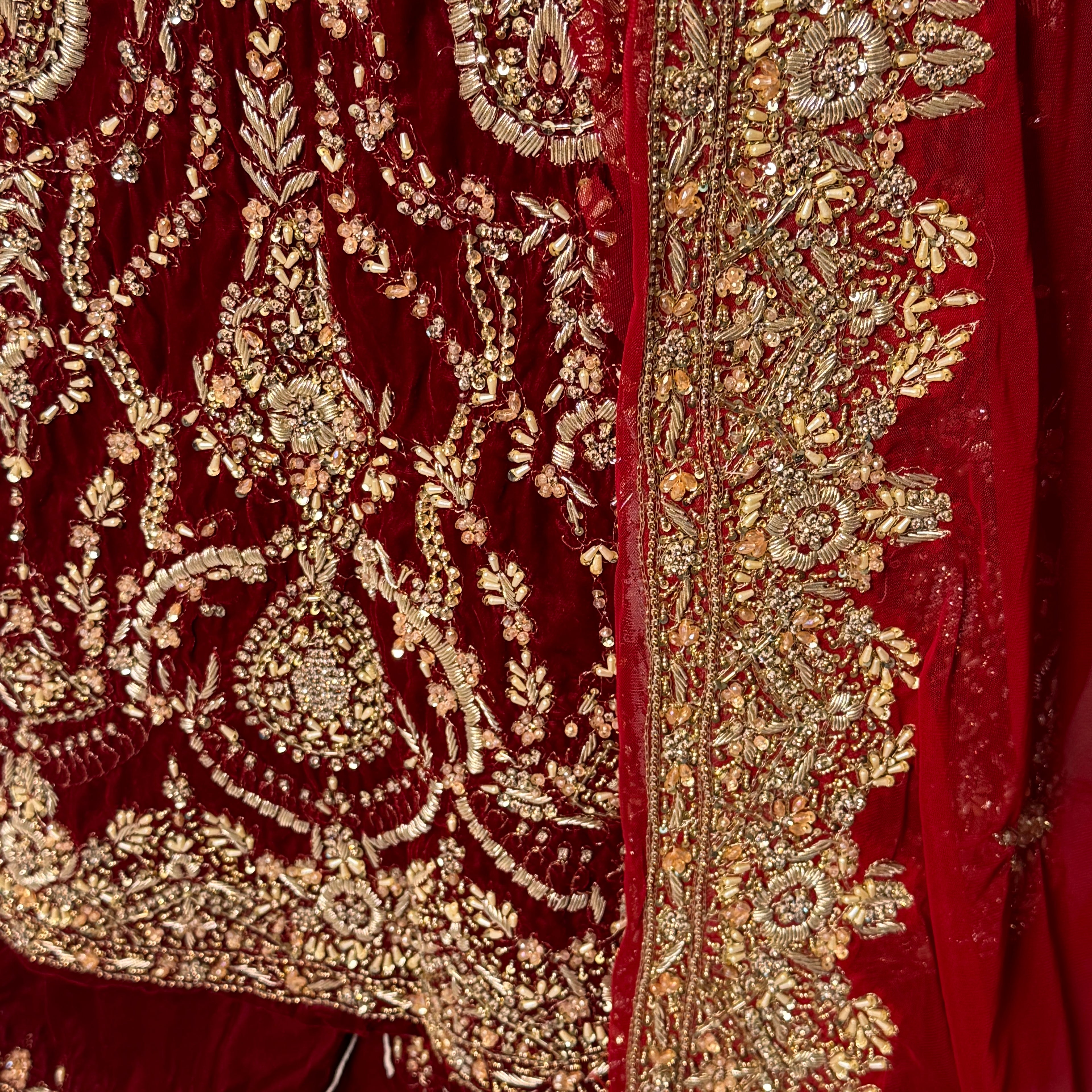 Bridal lehenga hand work BL032 lehenga back view – deep anari red velvet with kora jewelry back work and border Pakistan
