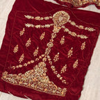 Bridal lehenga hand work BL032 sleeves detail – heavy hand work on deep anari red velvet bridal lehenga Pakistan
