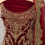 Bridal lehenga Pakistani BL032 shirt close up – kora jewelry hand work detail on deep anari red velvet fabric
