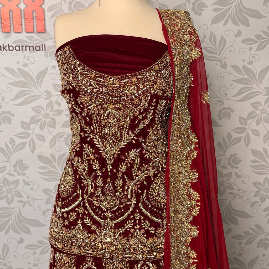 Bridal lehenga hand work shirt view BL032 – deep anari red velvet shirt with kora and jewelry embroidery bridal Pakistan
