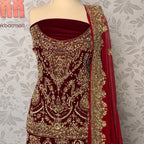Bridal lehenga hand work shirt view BL032 – deep anari red velvet shirt with kora and jewelry embroidery bridal Pakistan
