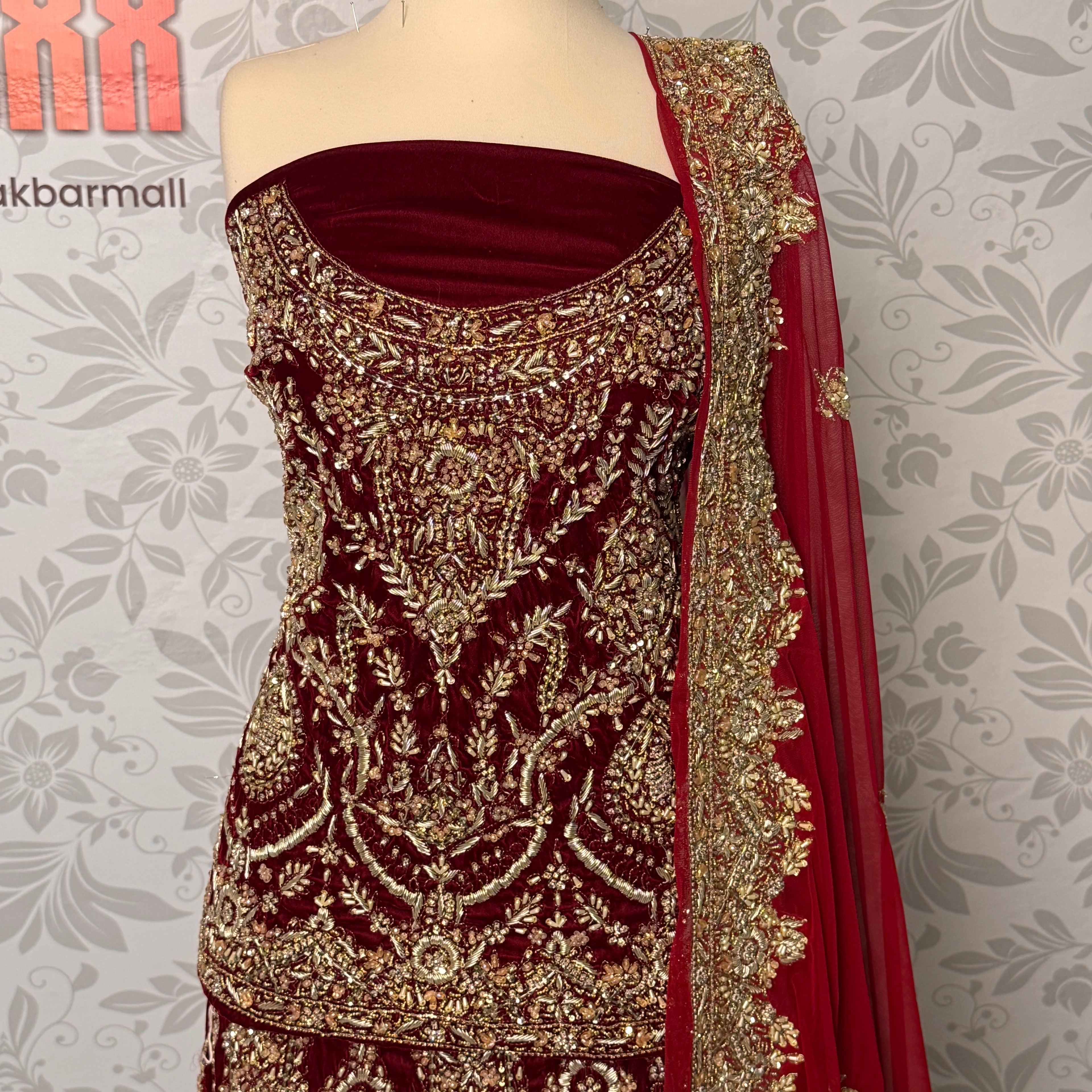 Bridal lehenga hand work shirt view BL032 – deep anari red velvet shirt with kora and jewelry embroidery bridal Pakistan

