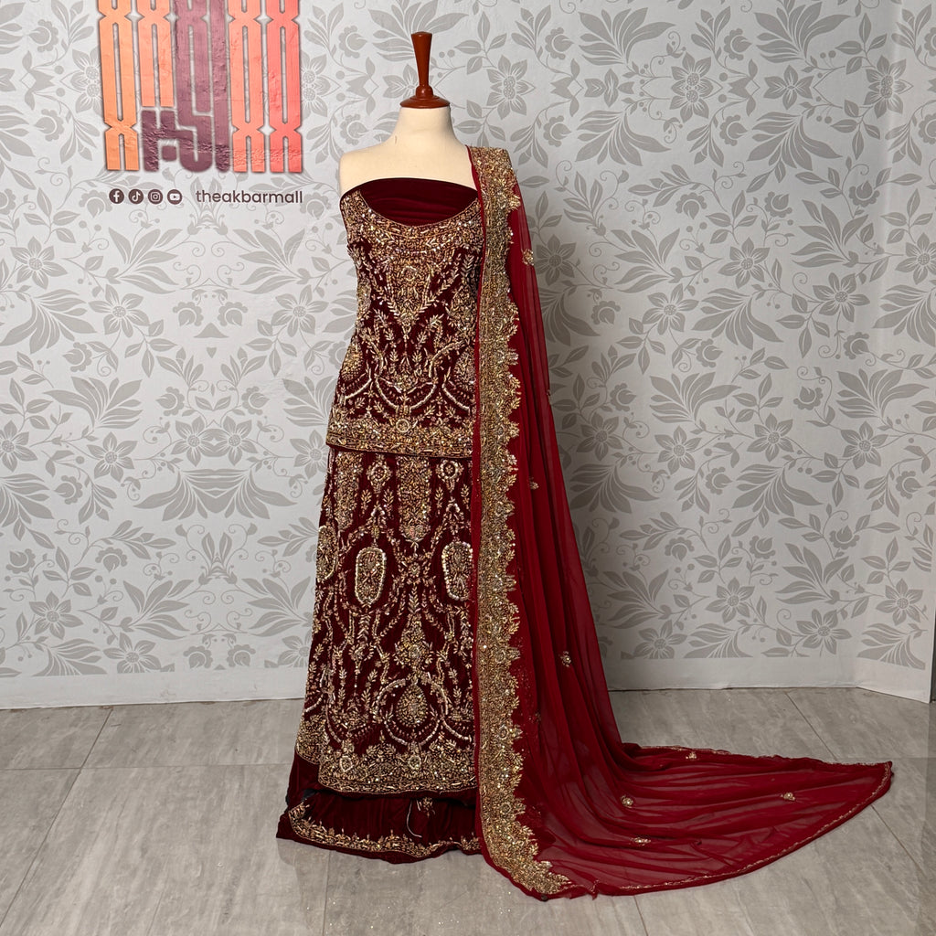 Bridal lehenga hand work BL032 full view – deep anari red velvet with kora jewelry embroidery and net dupatta Pakistani wedding lehenga
