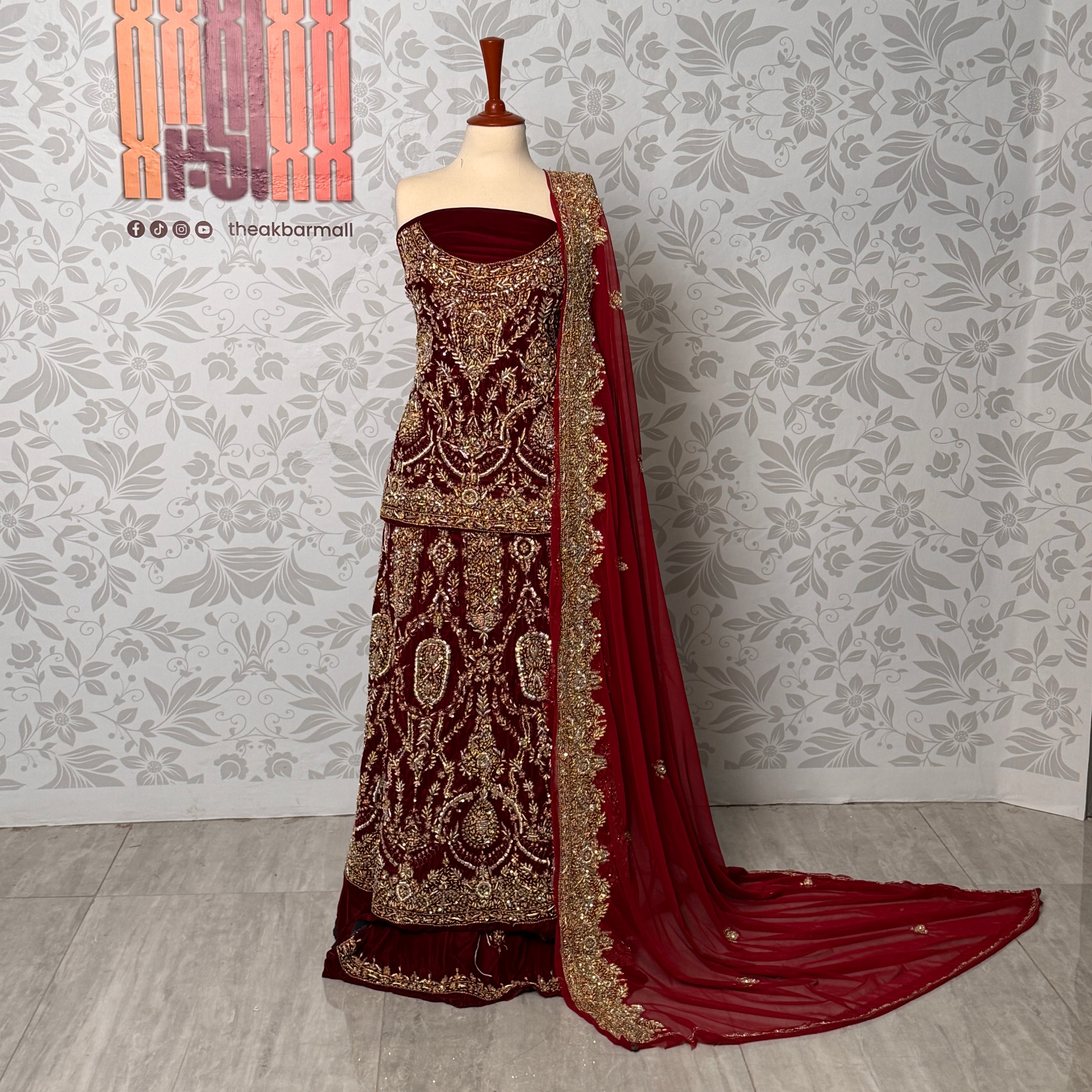 Bridal lehenga hand work BL032 full view – deep anari red velvet with kora jewelry embroidery and net dupatta Pakistani wedding lehenga
