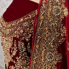 Bridal lehenga Pakistani BL032 shirt close up – kora jewelry hand work detail on deep anari red velvet fabric
