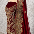 Bridal lehenga Pakistani BL032 shirt close up – kora jewelry hand work detail on deep anari red velvet fabric
