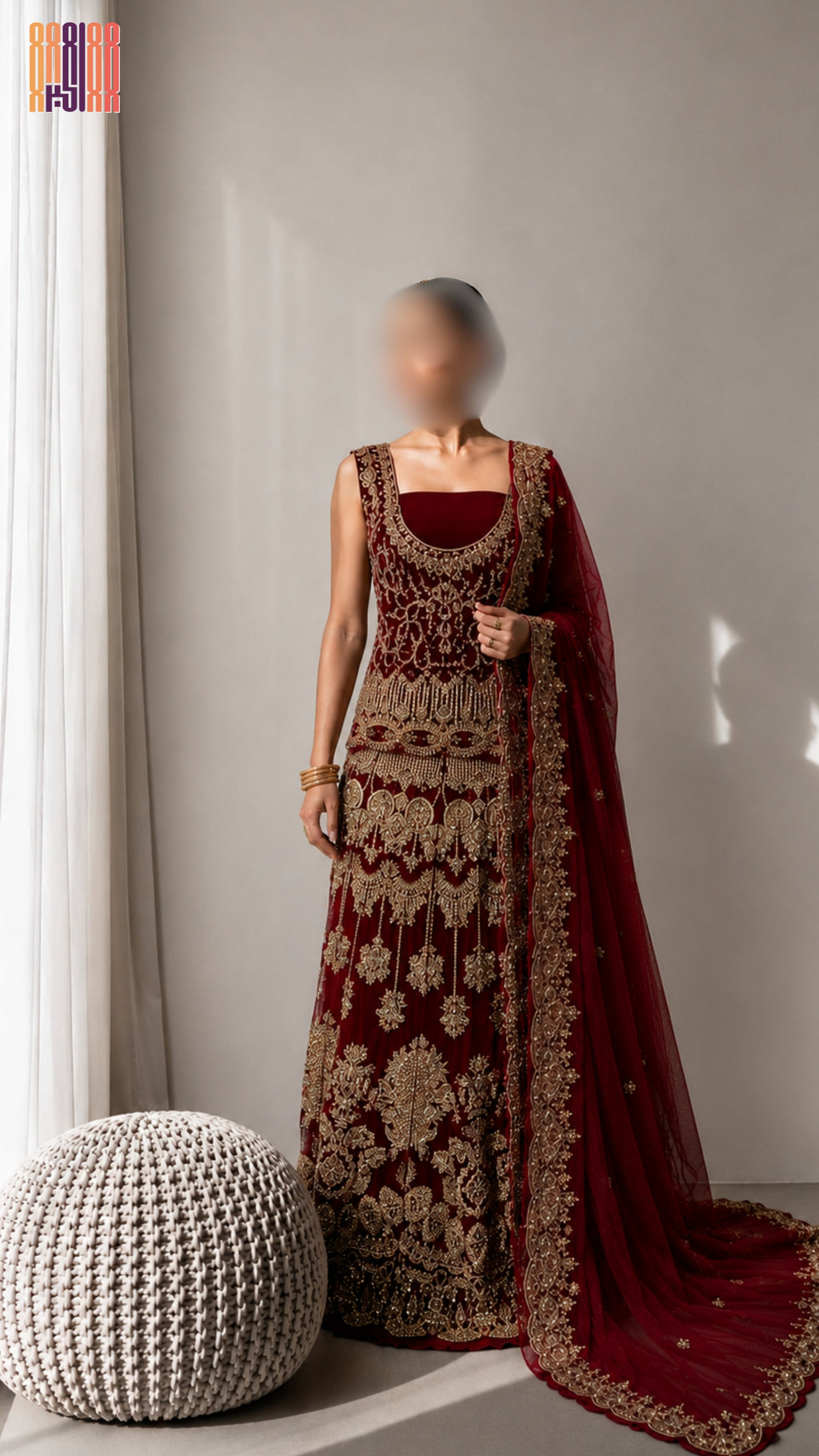 Bridal lehenga hand work BL033 full view – deep anari red velvet with front and back dabka kora nakshi jewelry embroidery net dupatta Pakistani wedding
