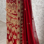 Wedding lehenga hand work BL033 lehenga front view – deep anari red velvet with dabka kora nakshi and jewelry embroidery full skirt Pakistan
